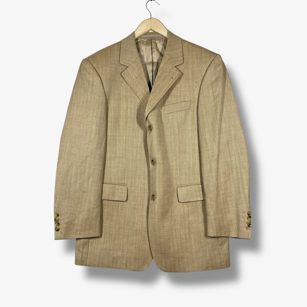 Christian Berg Herringbone Blazer Mens 48 Biege Wool Silk Linen Sport Coat